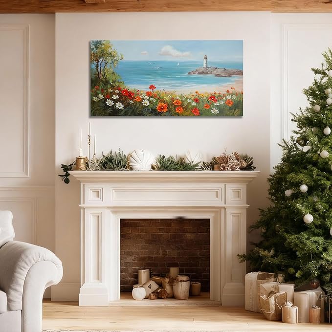 Ardemy Lighthouse Framed Canvas Wall Art for Living Room Blue Ocean Painting Seascape Landscape Coastal Picture Textured Bedroom Artwork Home Office Wall Decor, Large 48"x24"