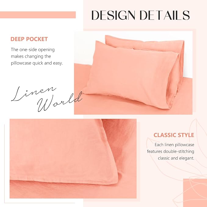 Linen World Linen Pillow Cases King Size - 20"x40" Set of 2,100% French Flax Pillowcase,Soft Breathable Natural Pillow Covers,Peach
