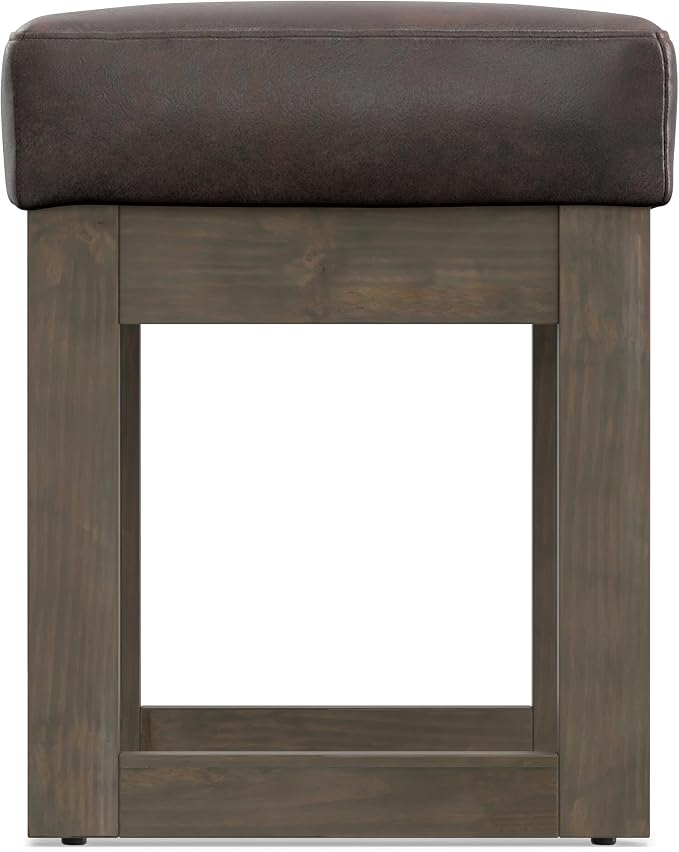 SIMPLIHOME Milltown Small Ottoman Bench - 27 inch Wide Upholstered Vegan Leather Rectangle Footstool Ottoman in Distressed Brown, Contemporary Bench for Bedroom with Cushioned Seat