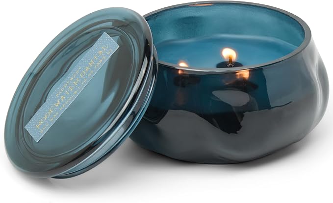 Paddywax Basalt Collection Scented Candle, Soy Wax Blend Glass Jar with Lid, Reusable Home Décor Candle, 10 oz, Navy Vessel, Rosewater Santal