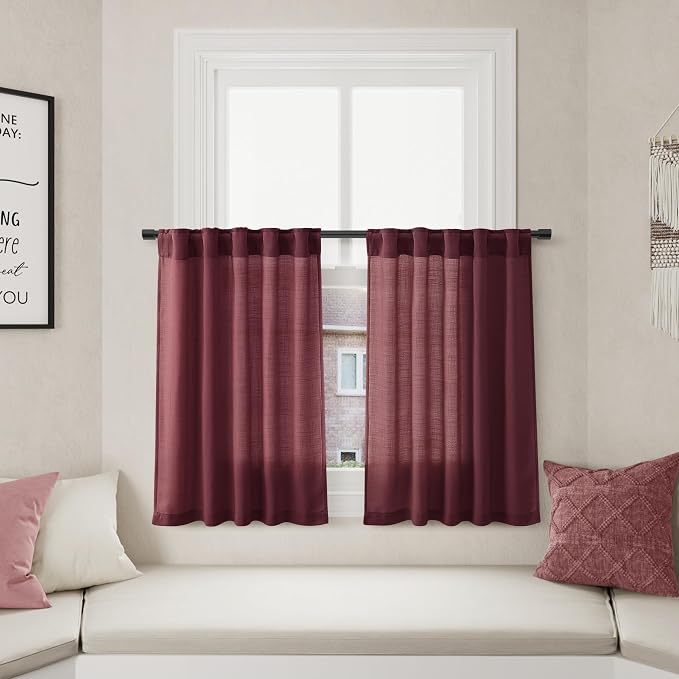 Burgundy Linen Kitchen Curtains 24 Inch Length Cotton Linen Blend Light Filtering Short Tier Curtain with Rod Pocket Back Tab for Small Windows Cafe Retro Bathroom Vintage 2 Panels RV 36Wx24L