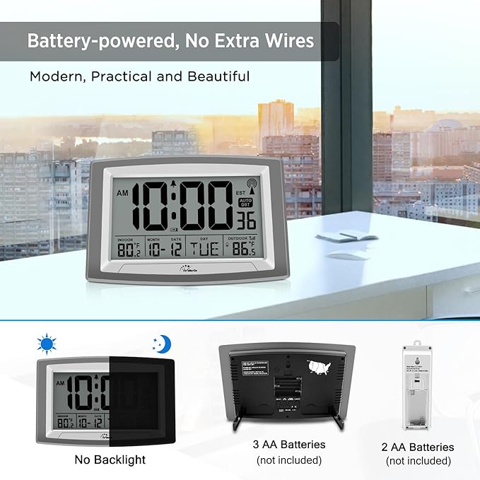 WallarGe Atomic Clock with Outdoor and Indoor Temperature - 12.5 Inch Self-Setting Digital Clock Large Display, Battery Operated Wall Clocks or Desk Clocks for Bedroom, Livingroom, Office