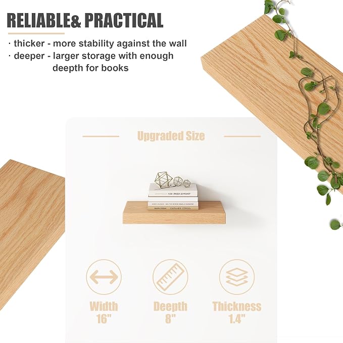 FLYJOE Floating Shelves for Wall, USA-Sourced Oak Wood 16 Inch Wall Shelves Set of 2, Natural Wooden Mounted Picture Ledge Shelf, Nursery Book Storage Shelf Kids Bookshelf Display, Shelf for Bathroom