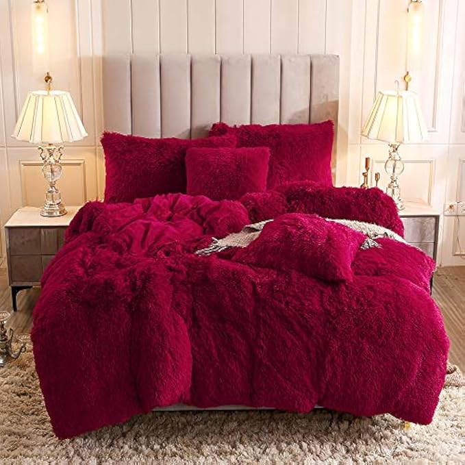 Faux Fur Velvet Fluffy Bedding Duvet Cover Set Down Comforter Quilt Cover with Pillow Sham, Ultra Soft Warm (Burgundy, Twin)