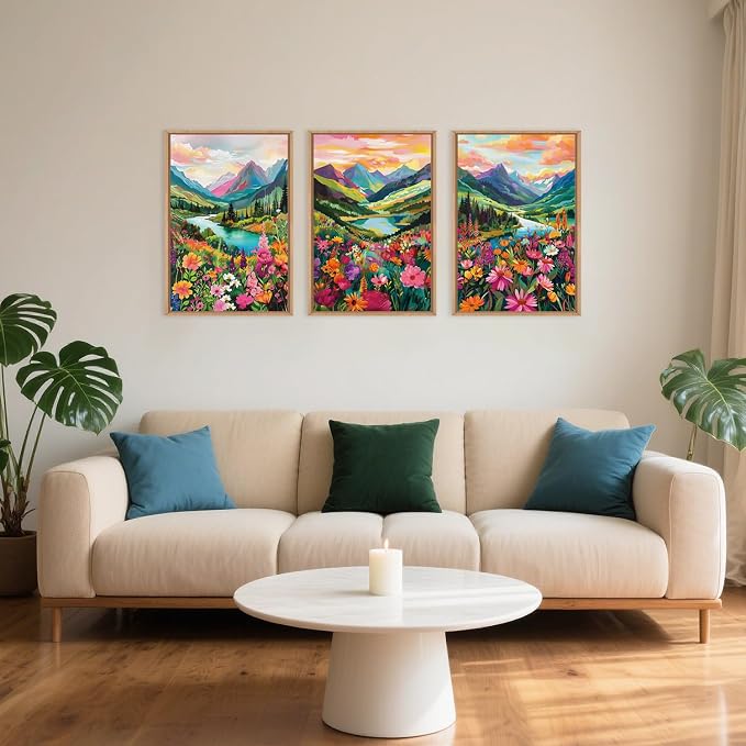 Colorful Wildflower Blossom Framed Canvas Wall Art Set,Mountain Flowers Wall Painting, Abstract Landscape Wall Decor,Natural Floral Art Print for Living Room,Dining Room,Office-24 x36 x3