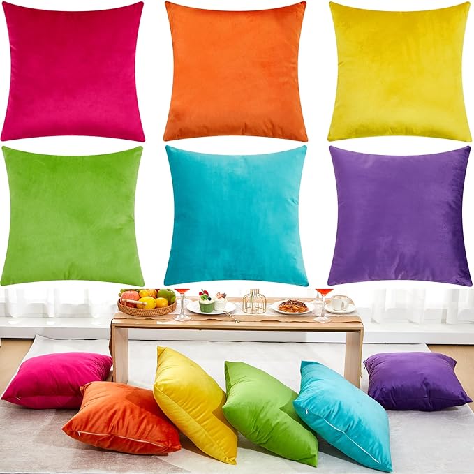 Berlune 6 Pcs Velvet Throw Pillow Covers 18" x 18" Decorative Cushion Cases Soft Pillowcase for Graduation Coquette Party Accessories Couch Sofa Bed Chair Home Decor, No Inserts (Colorful Color)
