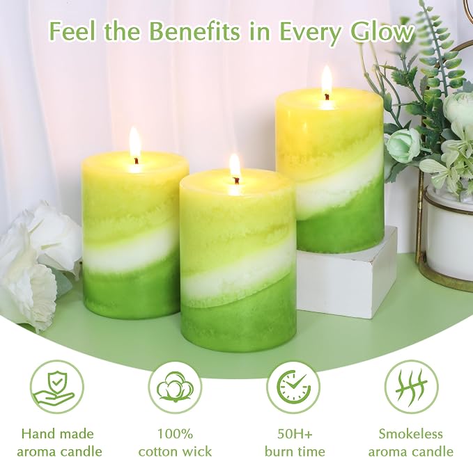 Eucalyptus Mint Scented Pillar Candles, 3x4 Inch, 100% Cotton Core Handmade Striped Paraffin Wax with Candles for Bathroom Living Room Home Decor, Set of 3, 50H+ Burn Time