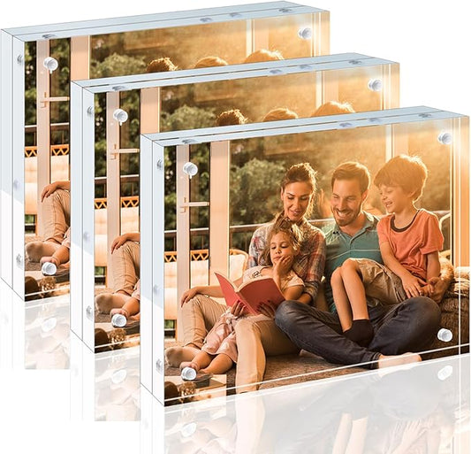 Egofine 5x7 Acrylic Frames 3 Pack, 20mm Thicker Frameless Clear Picture Frames, Double Sided Magnetic Picture Frames, Free Standing Desktop Display