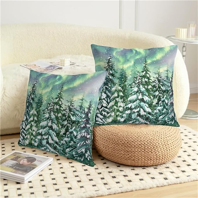 Winter Aurora Pillow Covers 24x24 Set of 2 Snowy Pine Tree Throw Pillow Covers Green Polar Light Forest Pillow Case Double Sided Printing Cushion Case for Home Decor Couch Sofa
