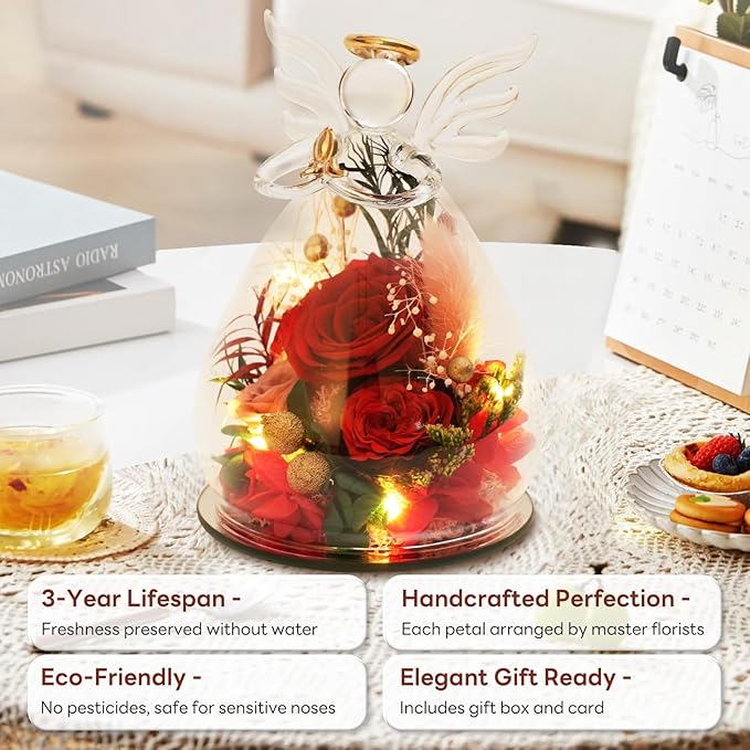Red Preserved Rose Glass Angel Figurine, Romantic Gifts for Wife Girlfriend, Real Forever Flower I Love You Anniversary Birthday Presents for Her