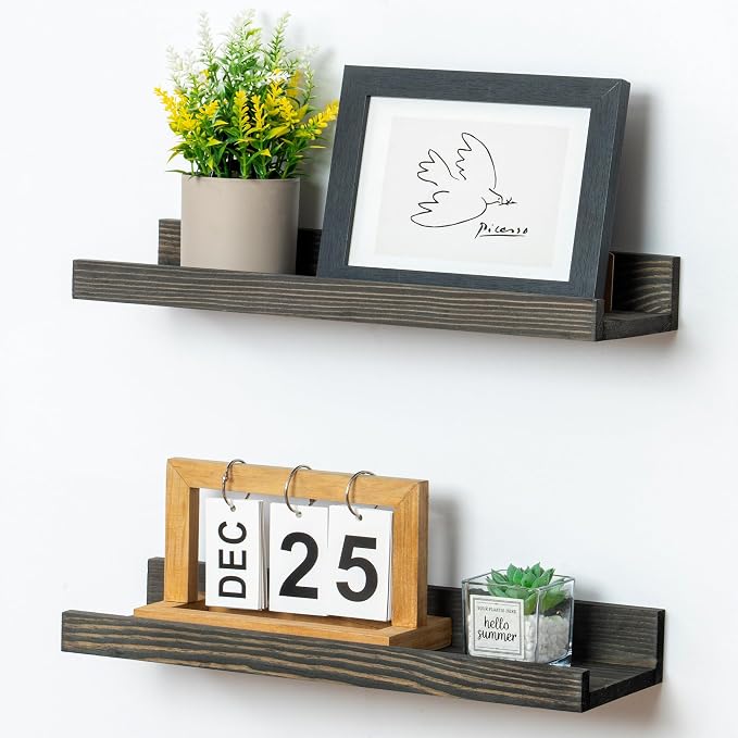 FLYJOE Picture Ledge Wall Shelves 16 inch Width Set of 2, Solid Pine Wood Rustic Floating Ledge Shelves for Wall for Kids' Room Bedroom Kitchen Bathroom Living Room Nursery Display Wall Decor, Grey