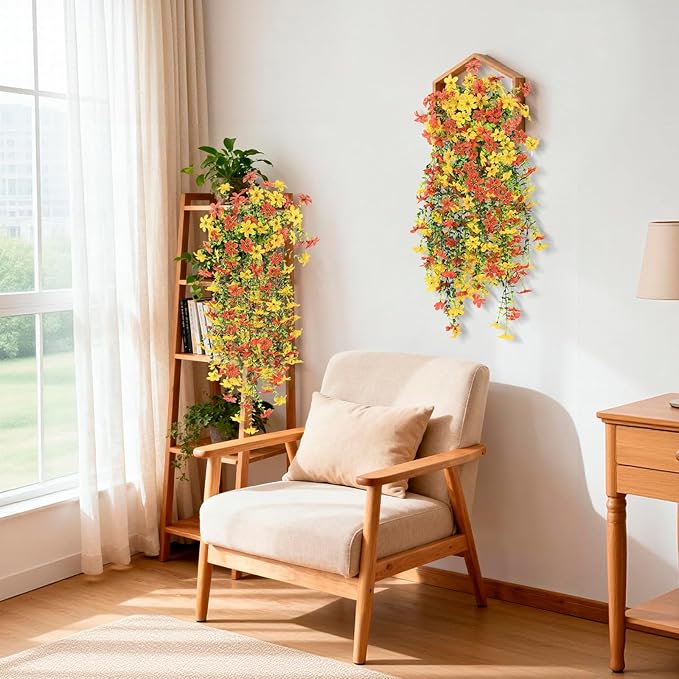 Artificial Fake Hanging Flowers Plants for Outdoor Spring Summer Decoration,2 PCS Faux Silk Daisy with Eucalyptus Leaves,UV Resistant Look Real for Outside Home Planter Porch Patio Balcony Yard Decor