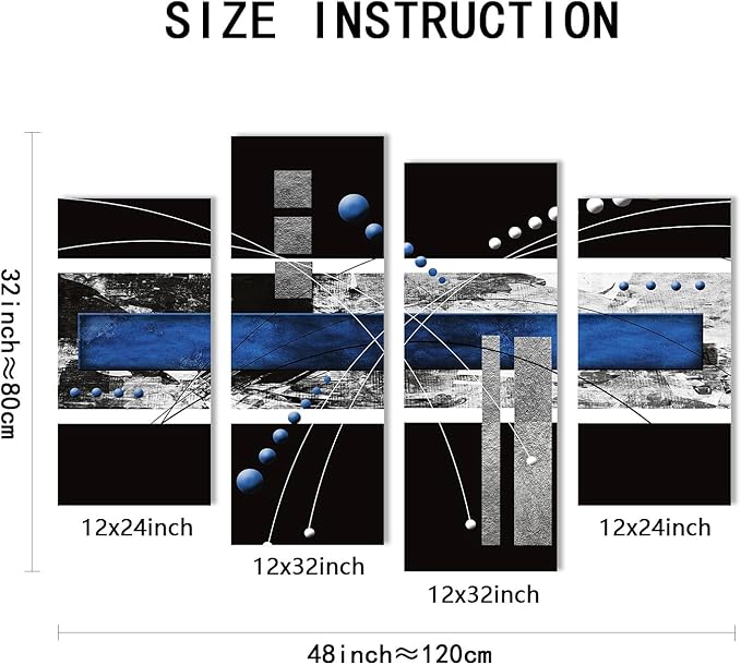 Modern Abstract Canvas Wall Art: Black and Blue Wall Decor - Grey White Decoration for Home Office, 4 Panels Poster Decorative Framed Print for Living Room Bedroom Ready to Hang