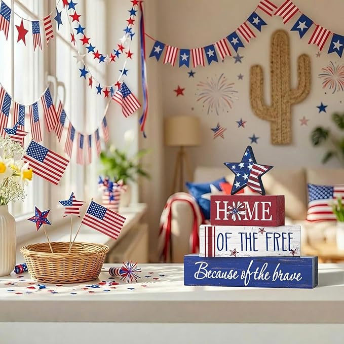 Smile 4 Pcs Veterans Day Patriotic Memorial Day Indoor Wooden Decor, Home of Free Tiered Tray Farmhouse Table Decoration for Home and Office