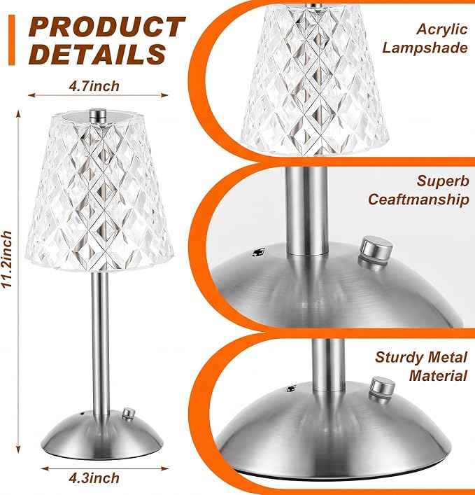 Liliful 2 Pcs Cordless Table Lamp Rechargeable Touch LED Small Gold Portable Battery Operated USB-c Desk Lamp 3 Color Dimmable for Bedroom Living Room Dining (Silver,Diamond Style)