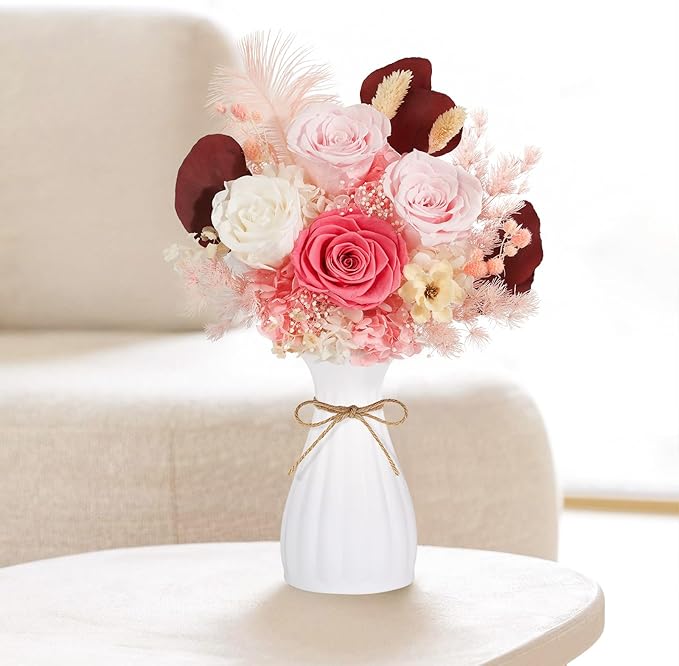 Preserved Flowers Bouquet 4 Roses with Vase,Flowers for Delivery Prime That Last 3-5 Years Real Forever Flowers Rose Bouquet for Mom Mother Women Wife Friends Birthday Mother's Day（Pink）