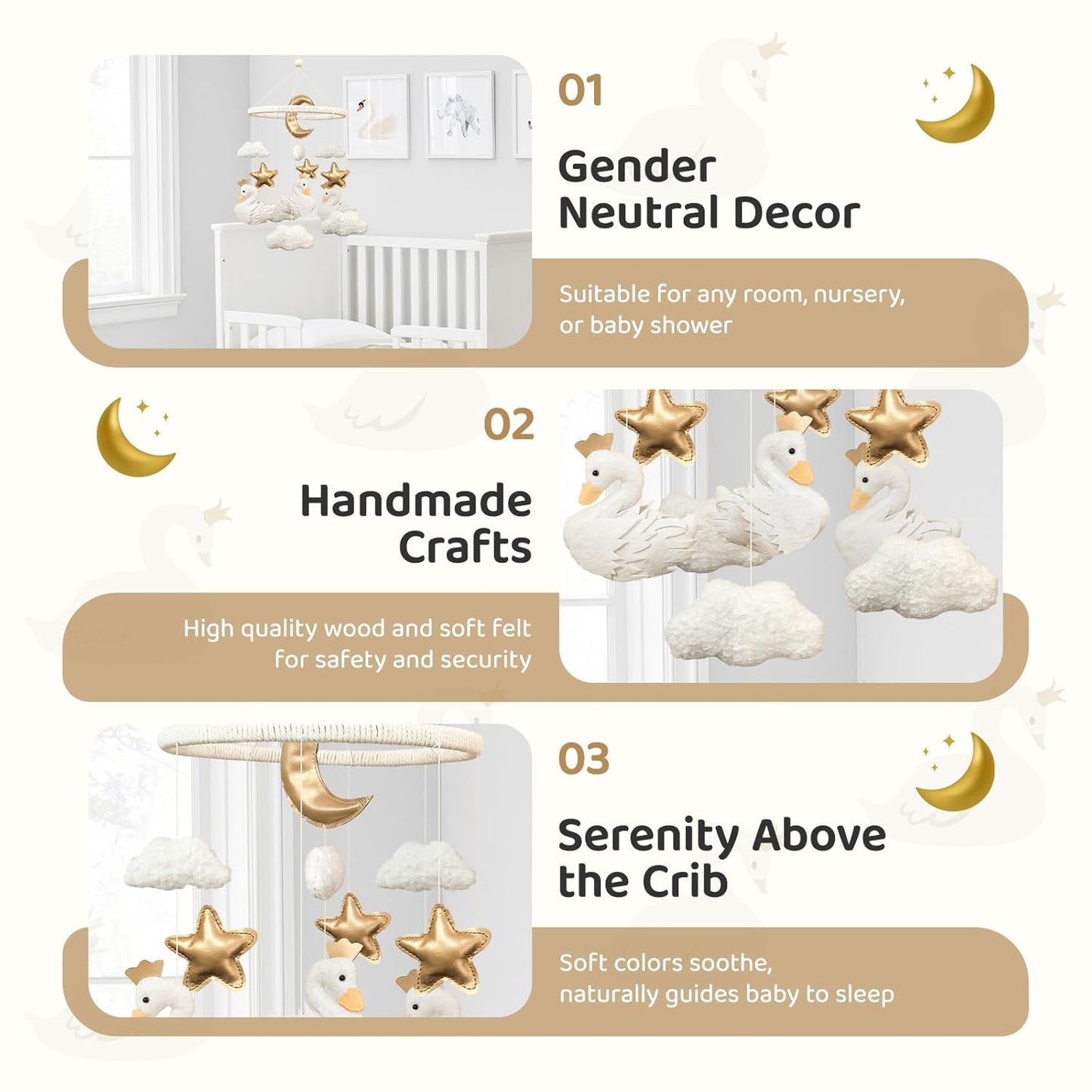 Baby Mobile for Crib Swan Nursery Decor for Girls Handmade Boho Baby Crib Mobile Cloud Moon Star for Infant Bassinet Bedroom Hanging Felt Princess Swan Nursery Room Decor Newborn Gifts