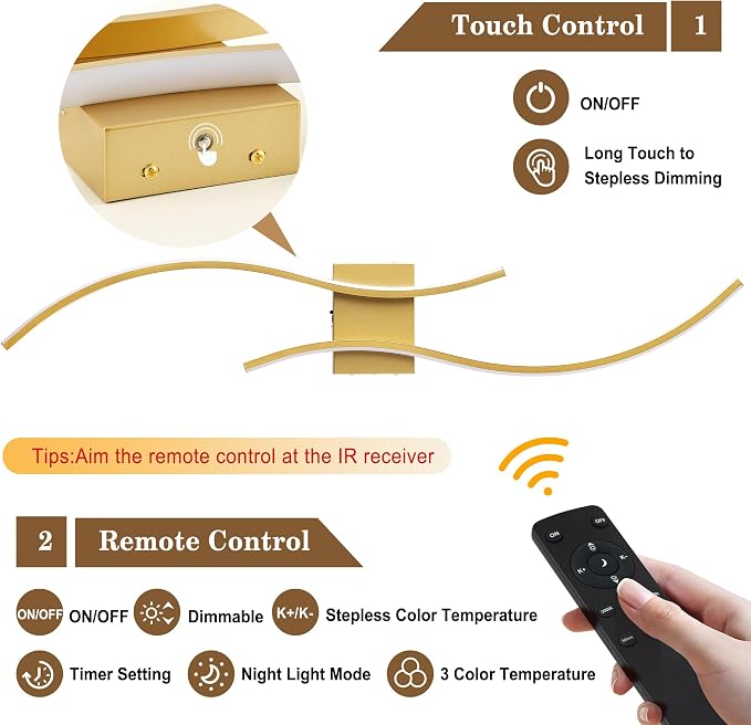 KARTOOSH Battery Operated Wall Sconce with Remote Control, Stepless Colors 3000K-6000K & Dimming, LED Gold Wireless Wall Light for Living Room, Hallway, Bedroom, 39.3 Inch (1 Pack)