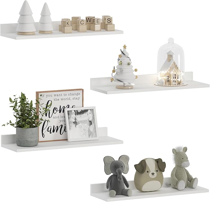 WOPITUES Floating Shelves, Wall Mounted Shelves for Room Decor, Modern Display Shelf for Bedroom, Sturdy Bathroom Storage Shelves, Book Shelves for Living Room, White Small Corner Shelves, Set of 4