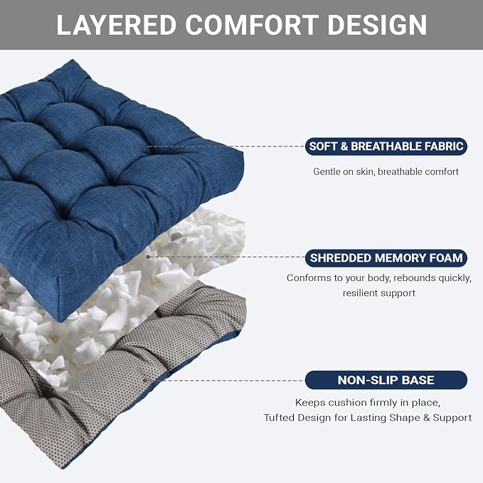 Large Square Floor Cushions Set of 2, 22 x 22 Inch with Non-Slip Bottom, Memory Foam Floor Pillow for Sitting, Meditation & Yoga, Soft Supportive Floor Seating Cushion for Adults & Kids (2, Navy Blue)