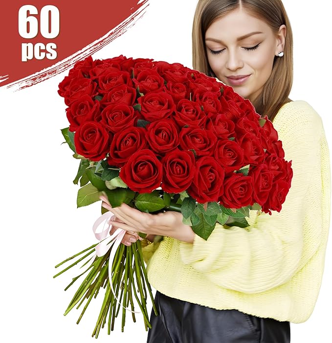 Rowfad 60 Pcs Artificial Roses Bulk Velvet Silk Roses Red Rose Flowers for Wedding Centerpieces Bridal Bouquet Mohter's Day Valentine's Day Christmas Home Decor (60, Red)