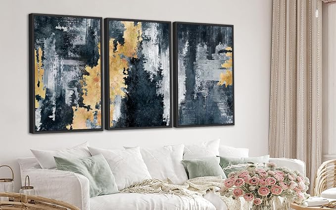 Large Framed Abstract Wall Art - Natural Frame Retro Canvas Pictures for Living Room Modern Canvas Prints Navy Blue for Bedroom, Black Float Frame Art for Home Office Kitchen Decor 24" X 36" X 3pcs