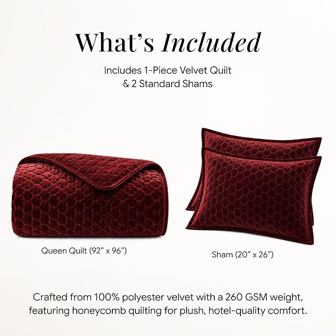 Tribeca Living Lugano Oversized Velvet Quilt and Sham Set | All Season, Extra Large, 3 Piece Velvet Queen Quilt Set with 2 Pillow Shams in Burgundy Honeycomb Pattern 260 GSM