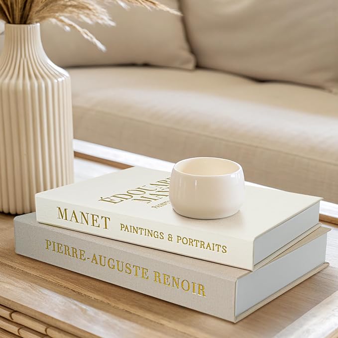 Aesthetic Decorative Books - Fake Books Storage Box for Decoration - Set of 2 Linen Coffee Table Decor - Photo Storage Keepsake Box for Room Bookshelf Decor, Griege