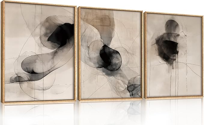 HPNIUB Beige Abstract Modern Framed Wall Art Set,Neutral Black Ink Line Wall Decor,Boho Geometric Line Art Print,Watercolor Minimalist Textured Brown Artwork for Living Room, Bedroom,Office-12 x16 x3