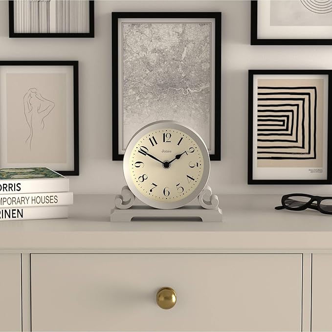 JONES CLOCKS® Saloon Mantel Clock | Small Traditional Double Scroll Design | Gray | Contemporary Classic Style for Desk, Table, Shelf or Bedside