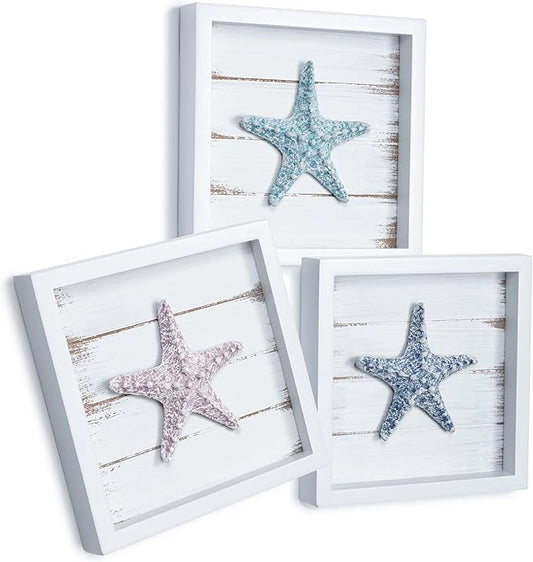 Tide and Tales 3D Starfish Wall Art (Framed Set of 3) Coastal Theme Wall Hanging Decoration for Bathroom or Tropical Bedroom, Ocean Inspired Seashell Decor for Home or Beach House (7"x 7")