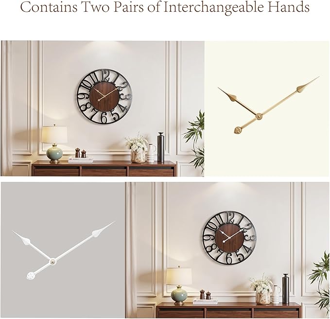 Vantic 24 Inch Large Wall Clock, Arabic Numeral Wood Oversized Wall Clocks for Living Room Decor, Farmhouse, Bedroom and Kitchen, Completely Silent, Non Ticking, Battery Operated