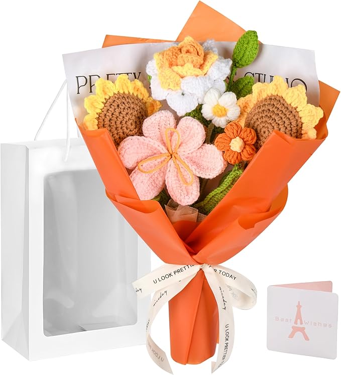 Crochet Flower Bouquet, Orange Crochet Flowers for Mother's Day, Crochet Sunflowers Tulips Roses Bouquet for Valentines Day, Weddings Birthdays Home Decor Gift for Women Moms Wife Friends