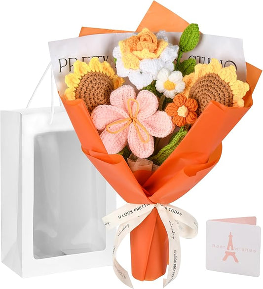Crochet Flower Bouquet, Orange Crochet Flowers for Mother's Day, Crochet Sunflowers Tulips Roses Bouquet for Valentines Day, Weddings Birthdays Home Decor Gift for Women Moms Wife Friends