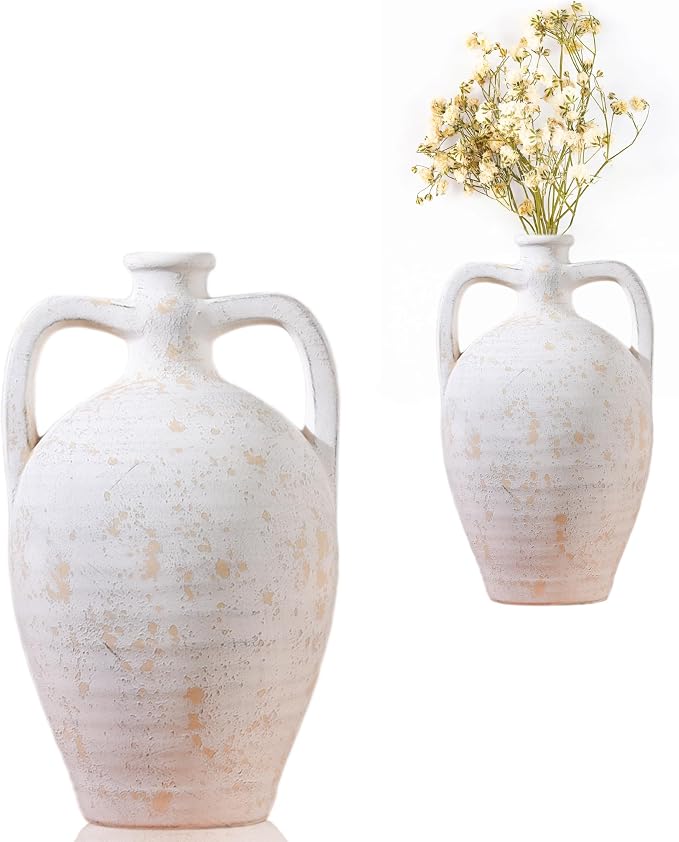 UPWOIGH 13.8in Ceramic Flower Vase with Handles | Off-White Finish, Handcrafted Weathered Texture, Rustic Farmhouse Style, Table Shelf Living Room Décor