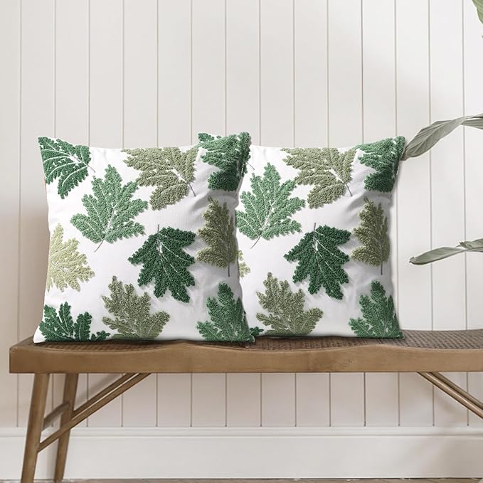 Set of 2 Embroidered Decorative Throw Pillow Covers Couch Square Pillowcases Cushion for Bedroom Sofa Farmhouse Decor 18x18 Inch (Green Maple Leaf)