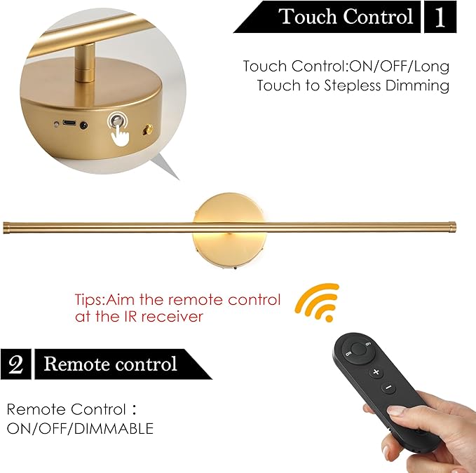 KARTOOSH Battery Operated Wall Sconces, Dimmable Wall Sconces Set of Two, 350°Rotate, 3000K LED Gold Wireless Wall Light for Living Room, Bedroom, Hallway, 24.4 Inch (2 Pack)