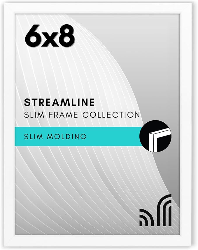 Americanflat 6x8 Picture Frame with Shatter-Resistant Glass - Streamline Collection - Thin Border Photo Frame for Tabletop and Wall Display - Hanging Hardware and Easel Stand Included - White