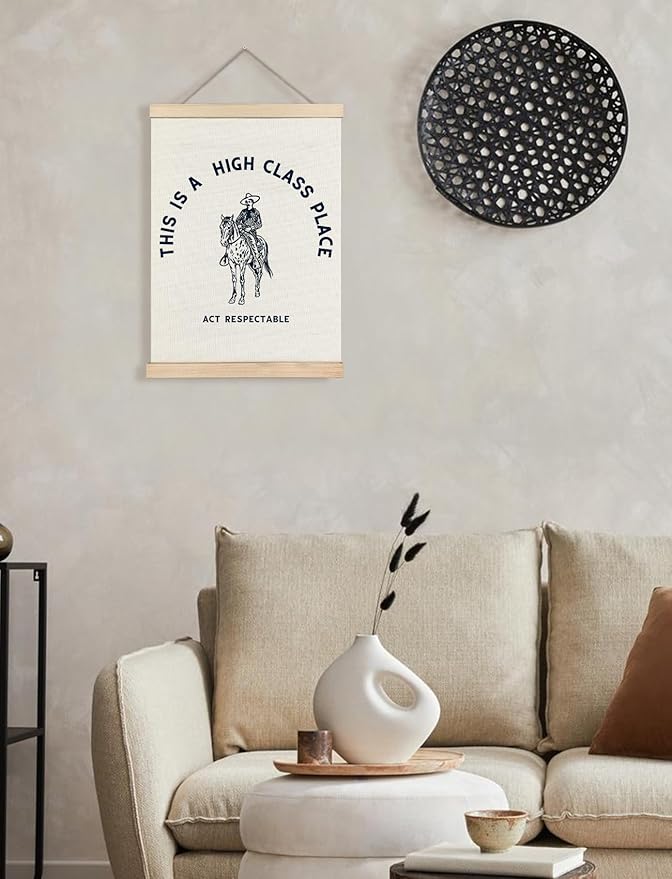Foritho Funny Western Cowboy Poster Wall Art Framed, This Is A High Class Place Act Respectable Vintage Cowboy Southwestern Ranch Canvas Prints Wall Decor for Home Room Bar Man Cave, 12x16 Inch