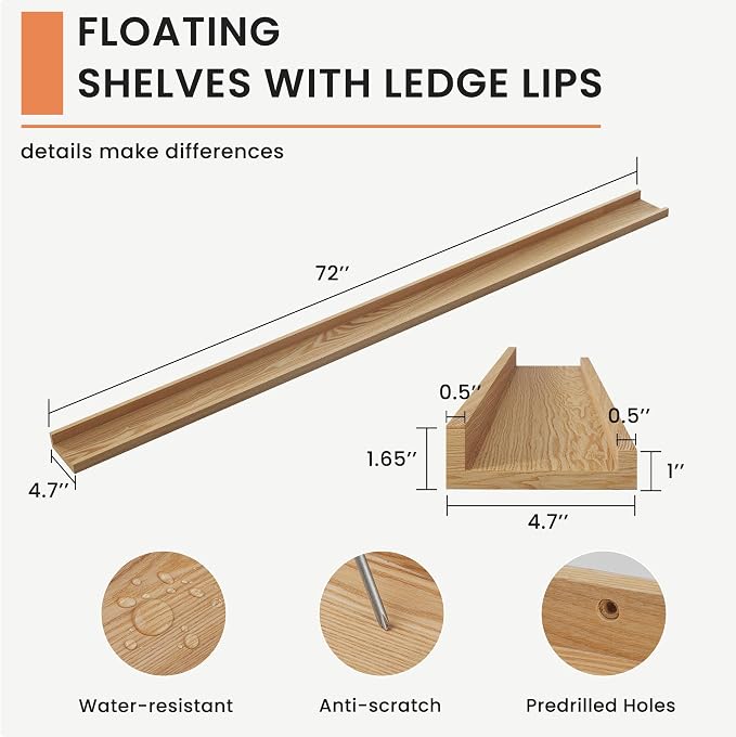 Acovy Solid Ash Wood Picture Ledge Shelf, 72 inch, Natural | Set of 2, Wall Mounted, For Living Room Kids' Room Bedroom