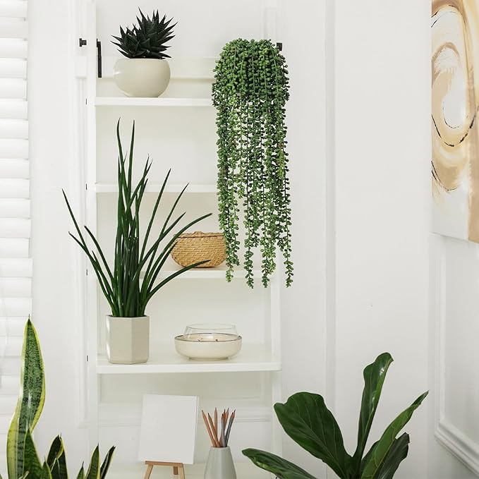 dallisten 10 Pcs Artificial Succulents Hanging Plants, Fake String of Pearls Greenery Plants, Decoration for Wall Home Backdrop Garden Windows Balcony Indoor and Outdoor (10PCS Green)