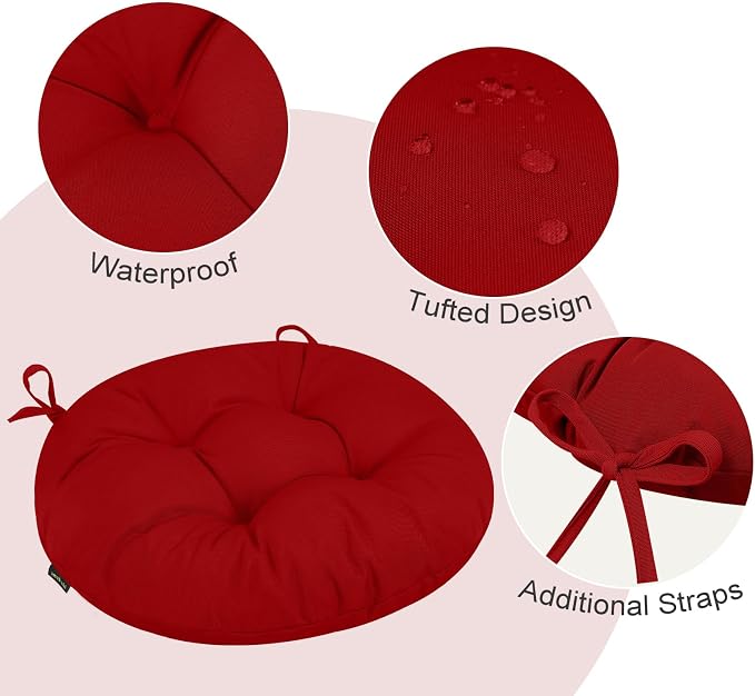 idee-home Outdoor Bistro Chair Cushions Set of 4, Round Seat Cushions | 18”x18”x 6” Thick Outdoor Round Seat Pads Tufted with Ties, Waterproof Patio Furniture Pads for Garden