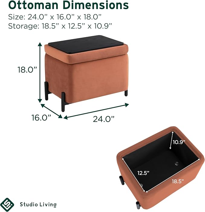 Studio Living® Connor 24" Small Storage Ottoman, Modern Boho, Matte Black Metal Legs, Velvet Fabric, Rust