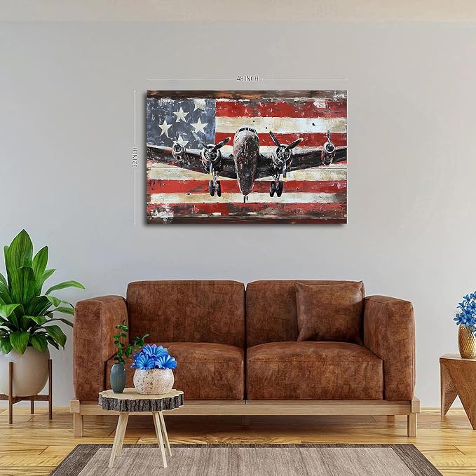 Vintage American Flag Airplane Wall Art Old Engine Aircraft Pictures for Living Room Retro Propeller Wall Decor Poster Aviation Canvas Prints Modern Artwork Bedroom Office Home Decorations 32x48"