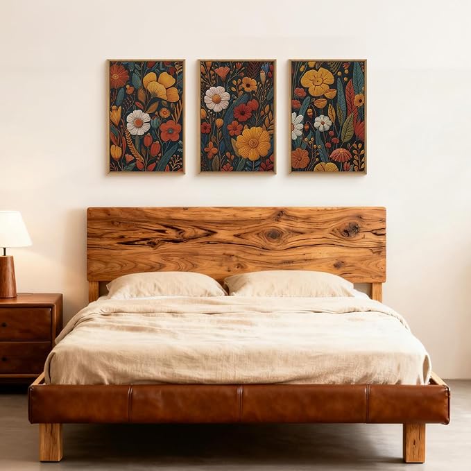 Large Boho Floral Framed Canvas Wall Art Set 16"x24"x3 | Vintage Orange Flowers Wall Decor Abstract Botanical Art Rustic Neutral Wildflower Artwork Bedroom Living Room Office