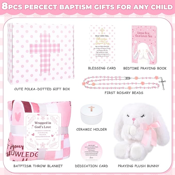 Baptism Gifts for Girl, Christening Gift Set for Baby Girls, Baby Dedication Gift, Includes Bunny Stuffed Animal, First Rosary Beads, Prayer Book, Keepsake Blanket, Catholic Baptism Gift Basket
