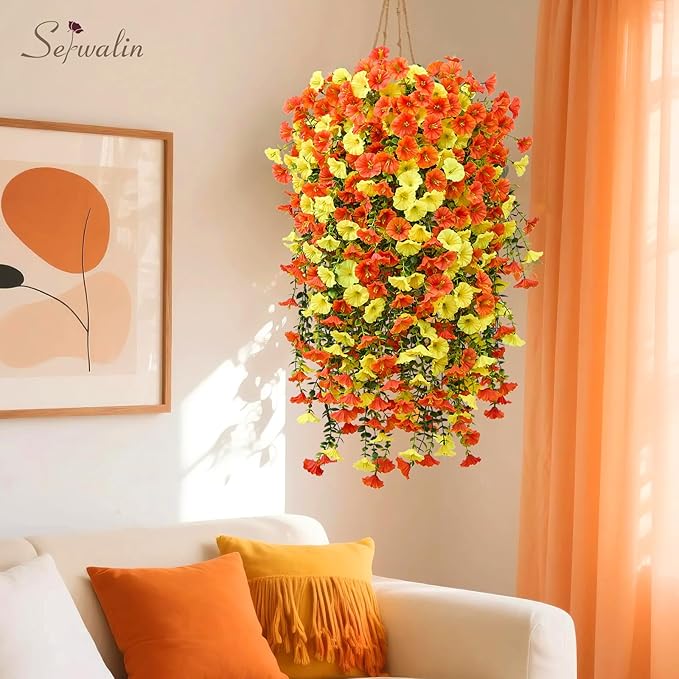 Serwalin Artificial Hanging Flowers for Outdoors Decoration, 4PCS UV Resistant Silk Artificial Fake Plants Outdoor for Porch Patio Balcony Indoor Planter Yard Decor (Orange&Yellow,4PCS)