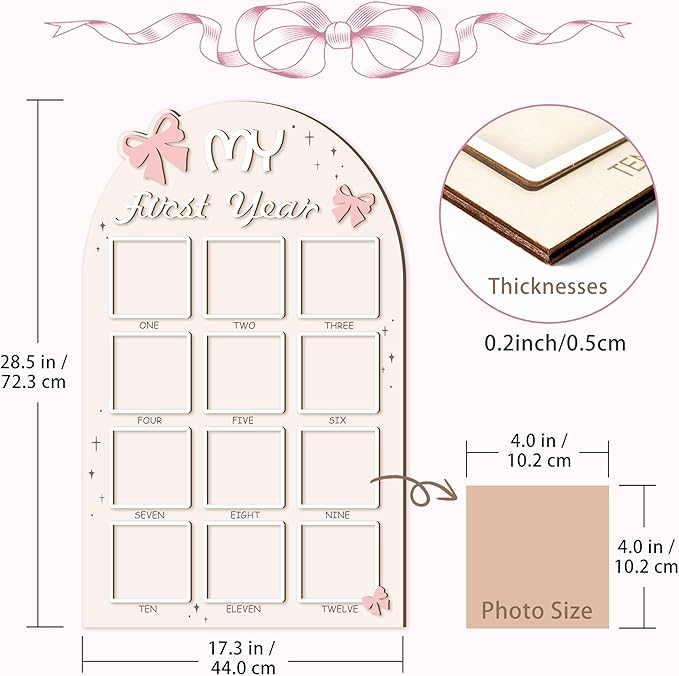 Aukolass Bow One Year of Photo Board, My First Year Photo Photo Board 12 Monthly Milestones Picture Frame for Baby Girl 1st Birthday Decorations (pink, 4" x 4")