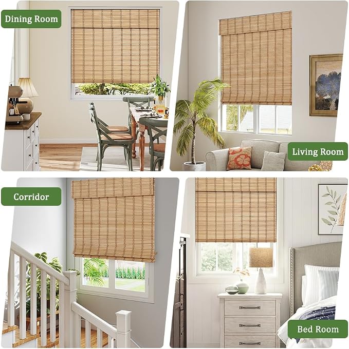 SEEYE Cordless Bamboo Blinds Shades, Light Filtering Bamboo Roller Shades Natural Roman Blind Shade, Bamboo Roll Up Blind for Windows, Easy to Install for Door, Patio, Bedroom, 44" W x 64" H,Natural