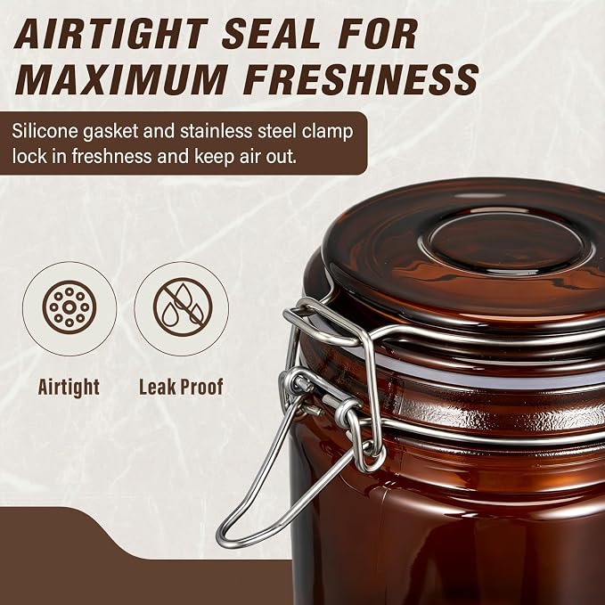 Norme 6 Pack 16oz Amber Airtight Glass Jars with Lids, Cylinder Food Storage Container Airtight Food Wire Clip Fastening for Sauerkraut Flour Kitchen Sugar Cereal Kitchen Canning Pickling Mason Jars